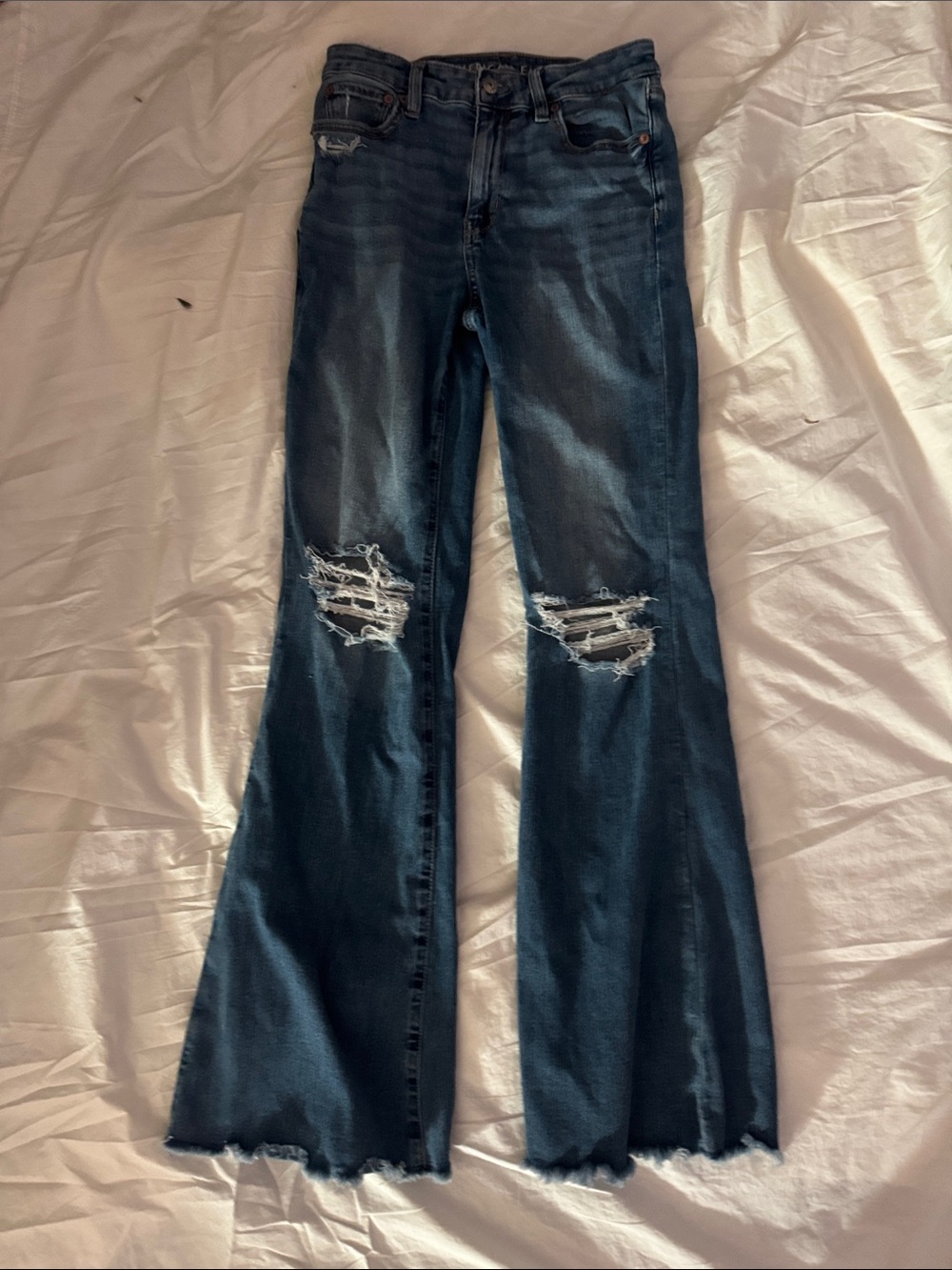 American Eagle Outfitters Dark Blue Distressed High-Rise Flare Jeans